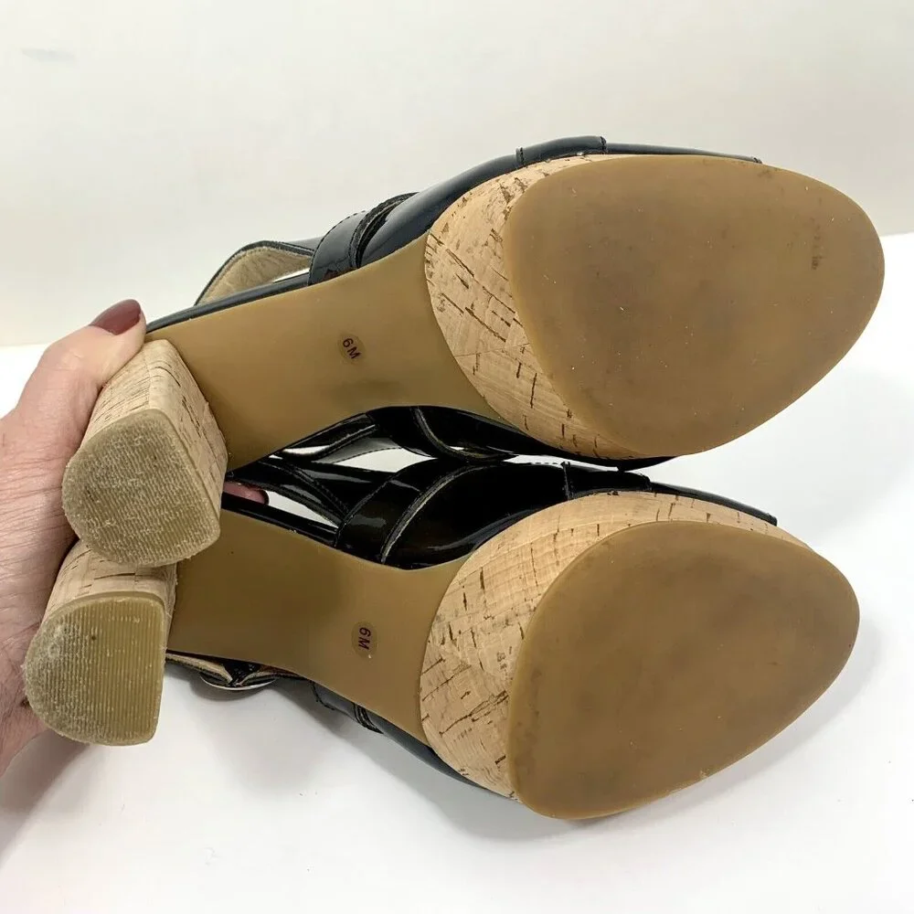 Michael Kors MK Black Patent Leather Strappy Cork Heels Women's Size 6M